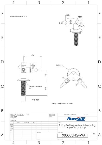 Two Way Bench Mounted Drop Lever Gas Tap - 900033 Drawing