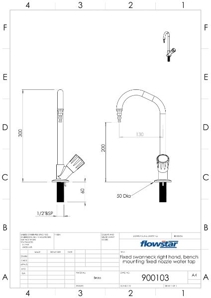 Fixed Swan Neck Tap With Fixed Nozzle - Cold Water - 900103 Drawing