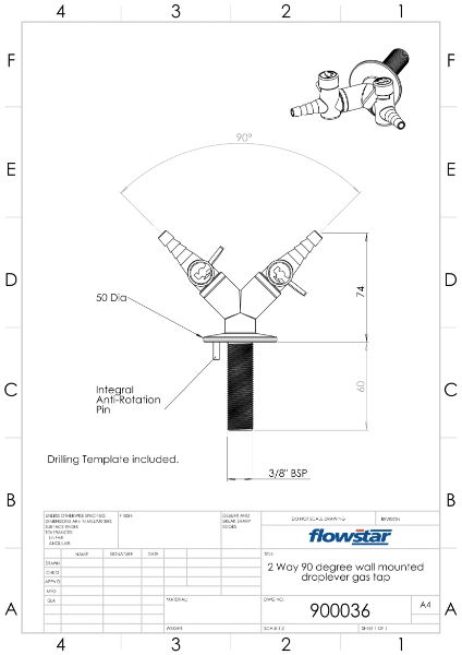 Two Way Wall Mounted Drop Lever Gas Tap - 900036 Drawing