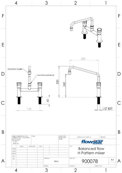 H Pattern Mixer Tap With Movable Swan Neck and Aerator Nozzle - 900078 Drawing
