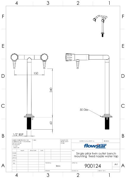 Two Way Pillar Bib Tap With Fixed Nozzle - 900124 Drawing