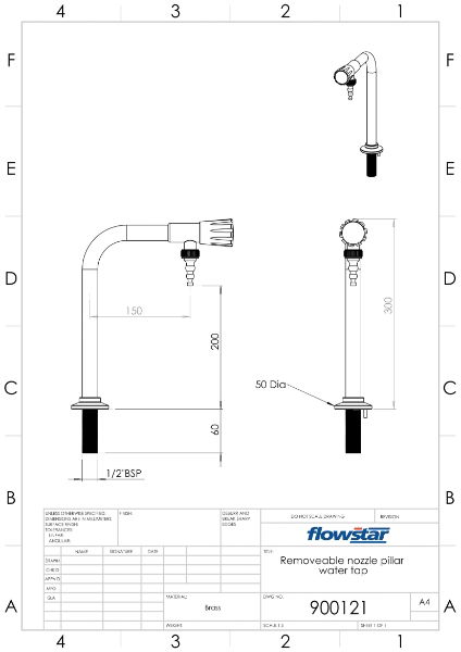 Pillar Bib Tap With Removable Nozzle - 900121 Drawing